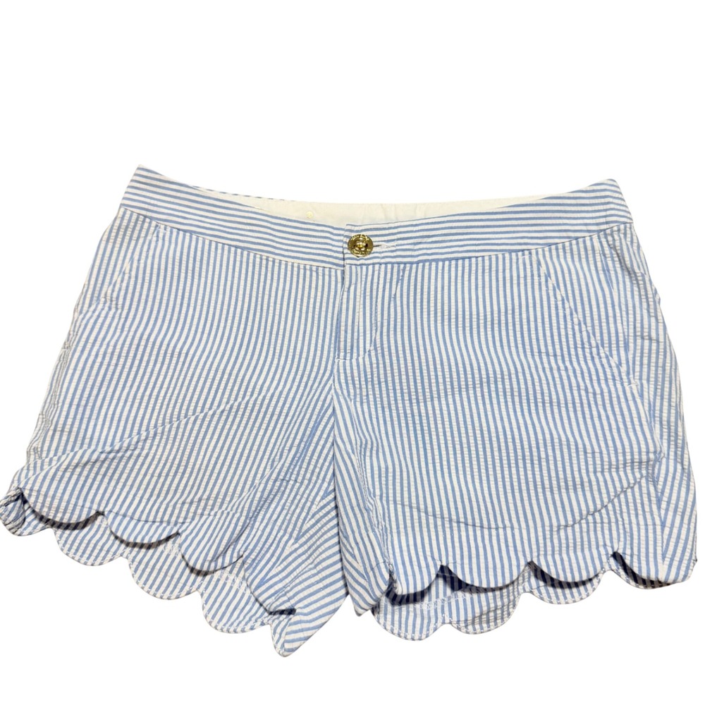 Lilly Pulitzer Buttercup Seersucker Scallop Hem Shorts Blue White Stripe 0 5in